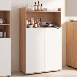 Armario de baño TOMI con 2 puertas y estantes, con regleta de enchufes, en acabado de haya y blanco