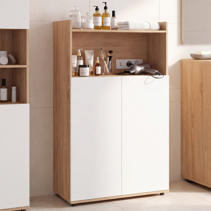 Armario de baño TOMI con 2 puertas y estantes, con regleta de enchufes, en acabado de haya y blanco