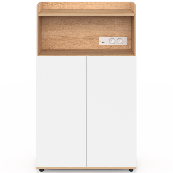 Mobile da bagno TOMI a 2 ante e ripiani, con presa multipla, effetto faggio e bianco