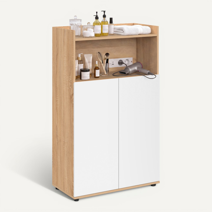 Meuble armoire salle de bain TOMI 2 portes et étagères façon hêtre et blanc