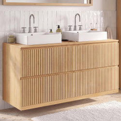 Meuble double vasque suspendu salle de bain VICTOR 120 cm 4 tiroirs effet lattes