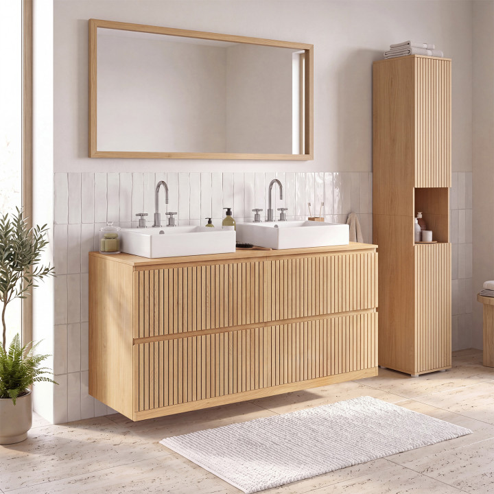 Meuble double vasque suspendu salle de bain VICTOR 120 cm 4 tiroirs effet lattes