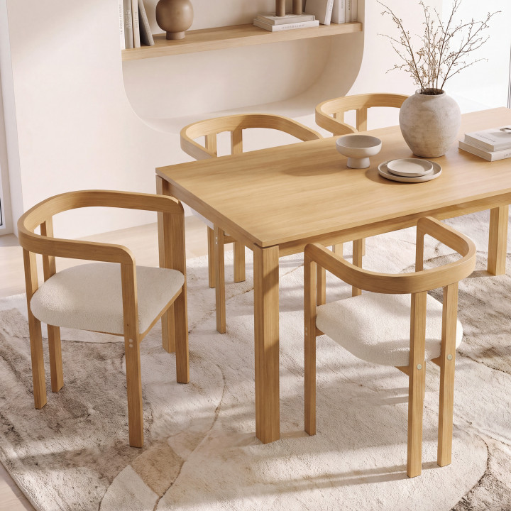 Juego de 4 sillas de comedor, sillas de mesa ESMA con reposabrazos de metal con efecto madera y asiento de tejido rizado