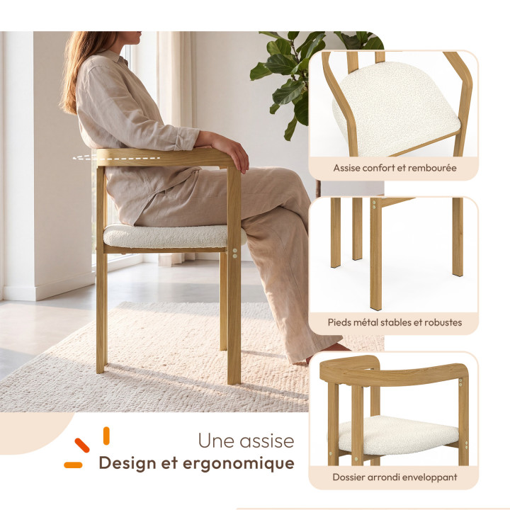 Set di 4 sedie da pranzo, sedie da tavolo ESMA con braccioli in metallo effetto legno e seduta in tessuto bouclé