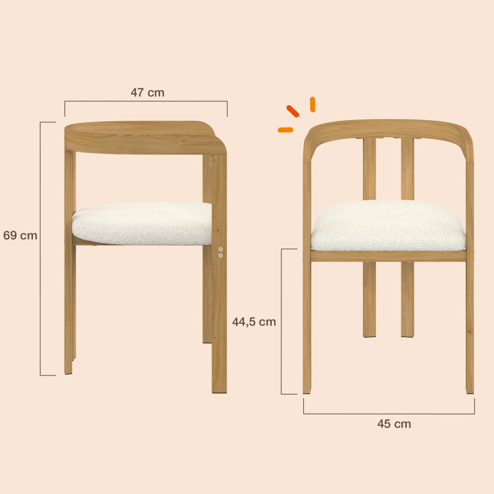 Set di 4 sedie da pranzo, sedie da tavolo ESMA con braccioli in metallo effetto legno e seduta in tessuto bouclé