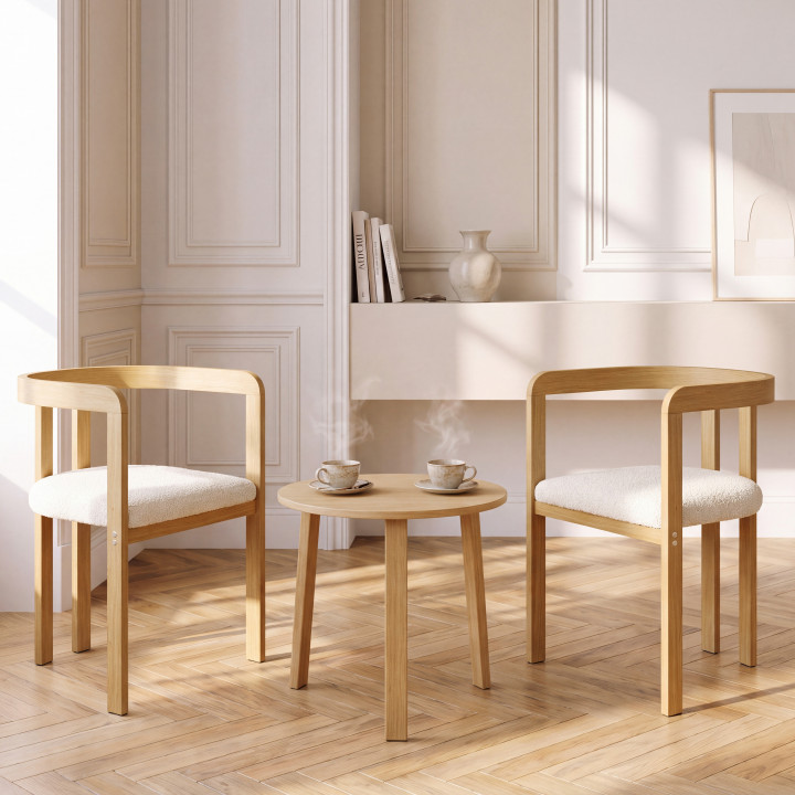Set van 4 eetkamerstoelen, ESMA-eetkamerstoelen met metalen armleuningen met houtlook en een zitting van bouclé-stof