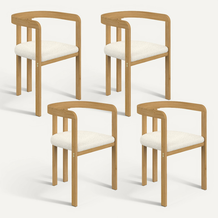 Set van 4 eetkamerstoelen, ESMA-eetkamerstoelen met metalen armleuningen met houtlook en een zitting van bouclé-stof