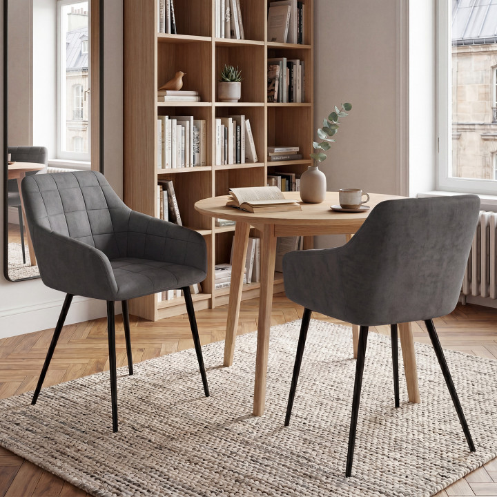 Grijze fluwelen stoelen met armleuningen - MADY