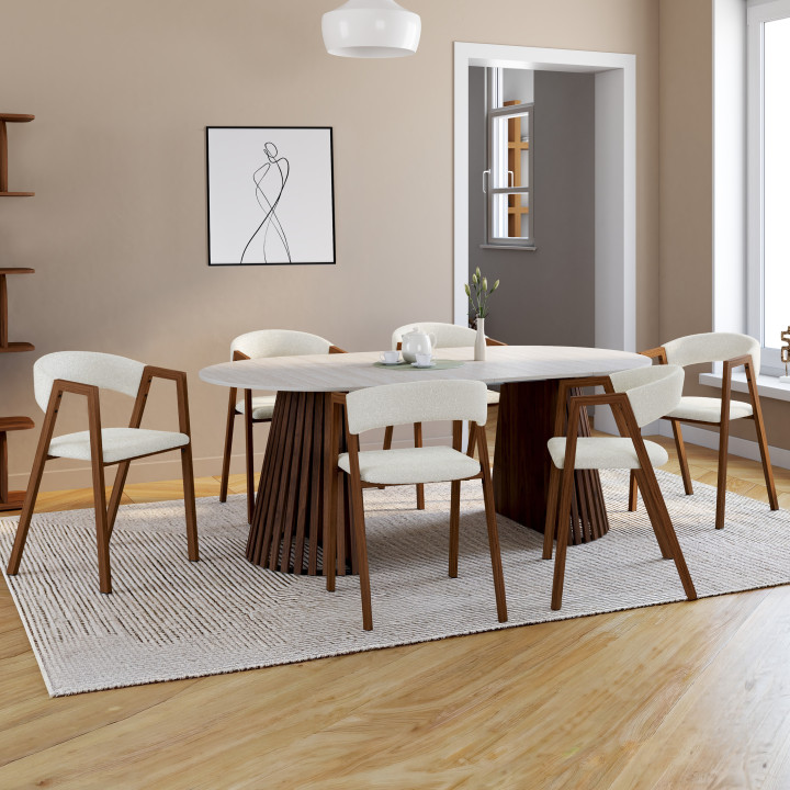 Lot de 6 chaises CAMILLE en métal effet noyer et tissu bouclette avec accoudoirs