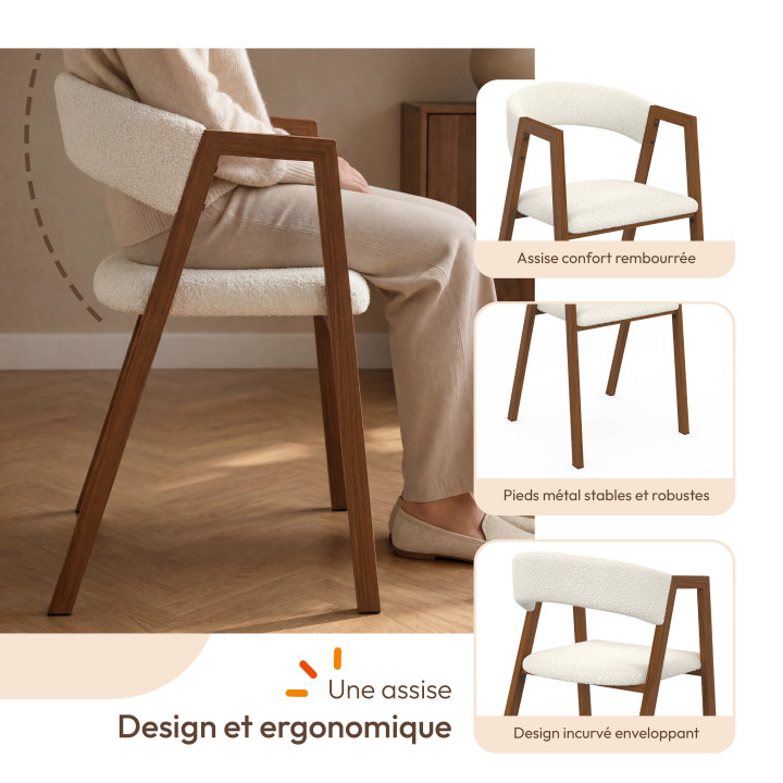 Lot de 6 chaises CAMILLE en métal effet noyer et tissu beige avec accoudoirs