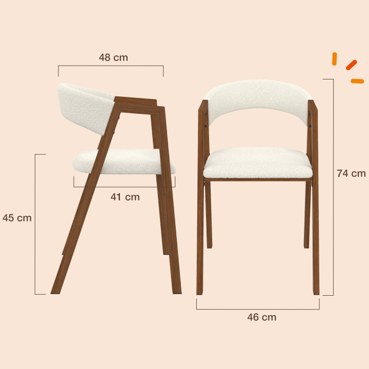 Lot de 6 chaises CAMILLE en métal effet noyer et tissu bouclette avec accoudoirs