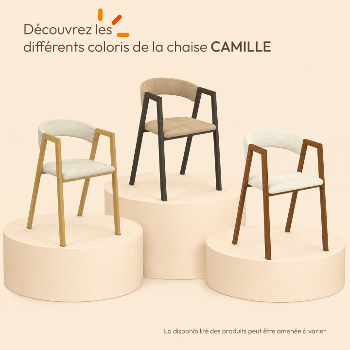 Lot de 6 chaises CAMILLE en métal effet noyer et tissu beige avec accoudoirs
