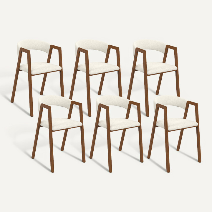 Lot de 6 chaises CAMILLE en métal effet noyer et tissu bouclette avec accoudoirs