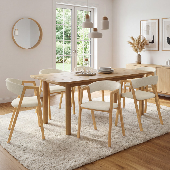 Lot de 6 chaises CAMILLE en métal effet bois et tissu beige avec accoudoirs