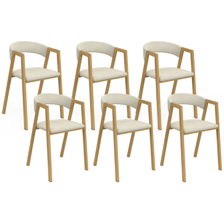 Lote de 6 sillas CAMILLE de tela beige y metal efecto madera con reposabrazos