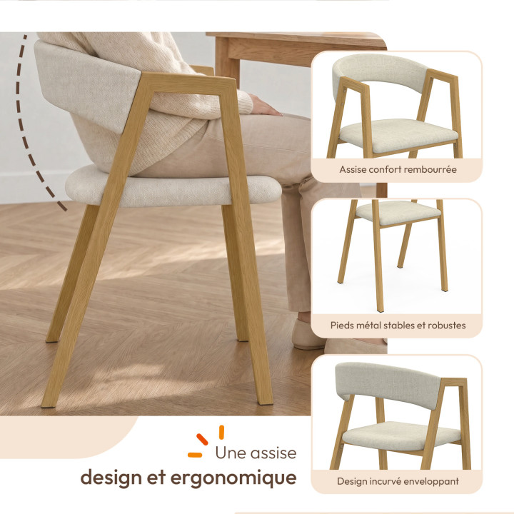 Lot de 6 chaises CAMILLE en métal effet bois et tissu beige avec accoudoirs