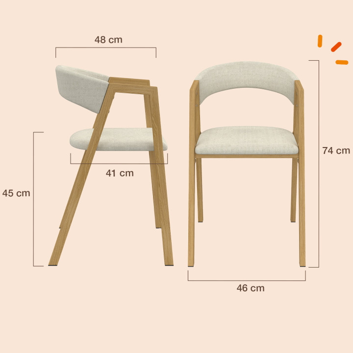 Lot de 6 chaises CAMILLE en métal effet bois et tissu beige avec accoudoirs