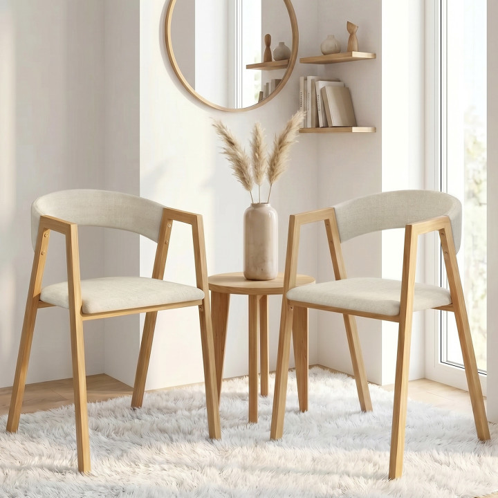 Lote de 6 sillas CAMILLE de tela beige y metal efecto madera con reposabrazos