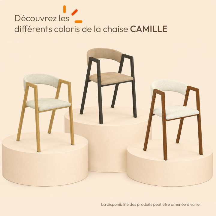 Lote de 6 sillas CAMILLE de tela beige y metal efecto madera con reposabrazos