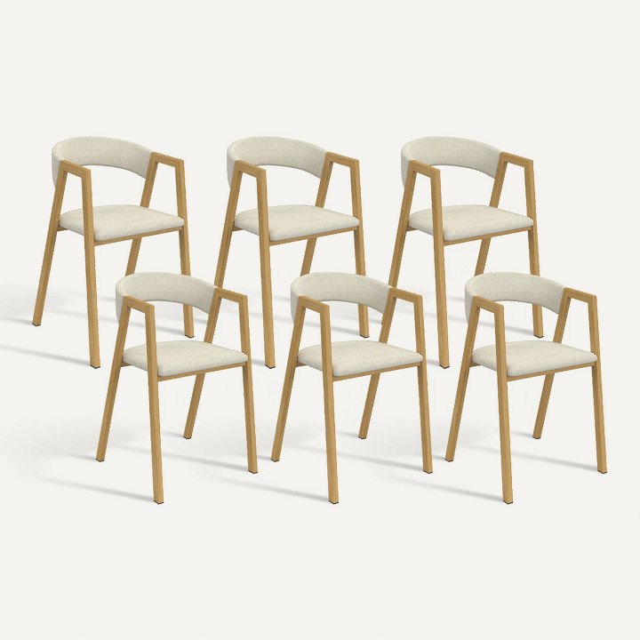 Lot de 6 chaises CAMILLE en métal effet bois et tissu beige avec accoudoirs