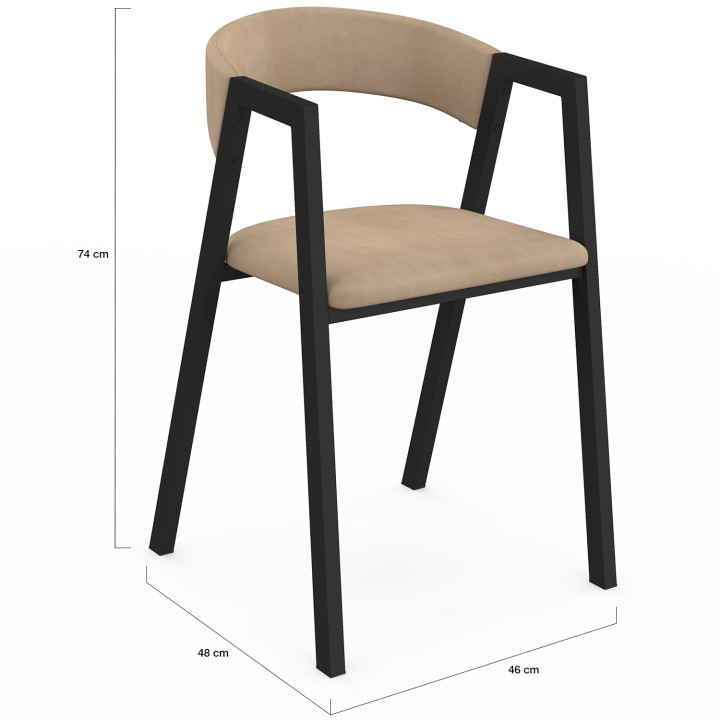 Lot de 4 chaises CAMILLE en métal noir et velours taupe avec accoudoirs