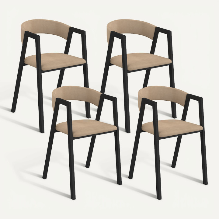 Lot de 4 chaises CAMILLE en métal noir et velours taupe avec accoudoirs