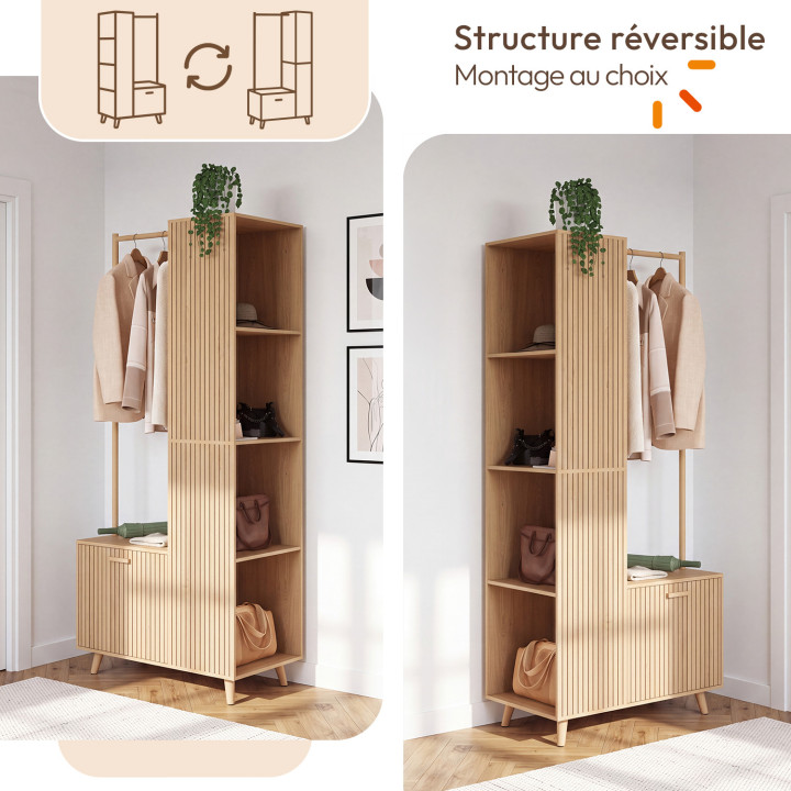 JULIETTE-halgarderobe met kledingkast, 1 deur en 4 zijplanken met houten lattenmotief in eikenkleur