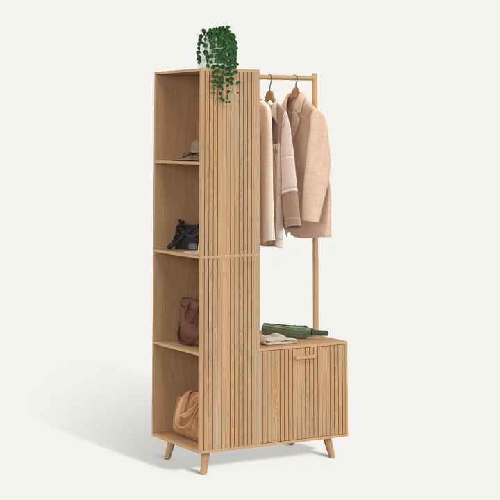 Guardaroba da ingresso JULIETTE con appendiabiti, 1 anta e 4 ripiani laterali con effetto doghe in legno color rovere