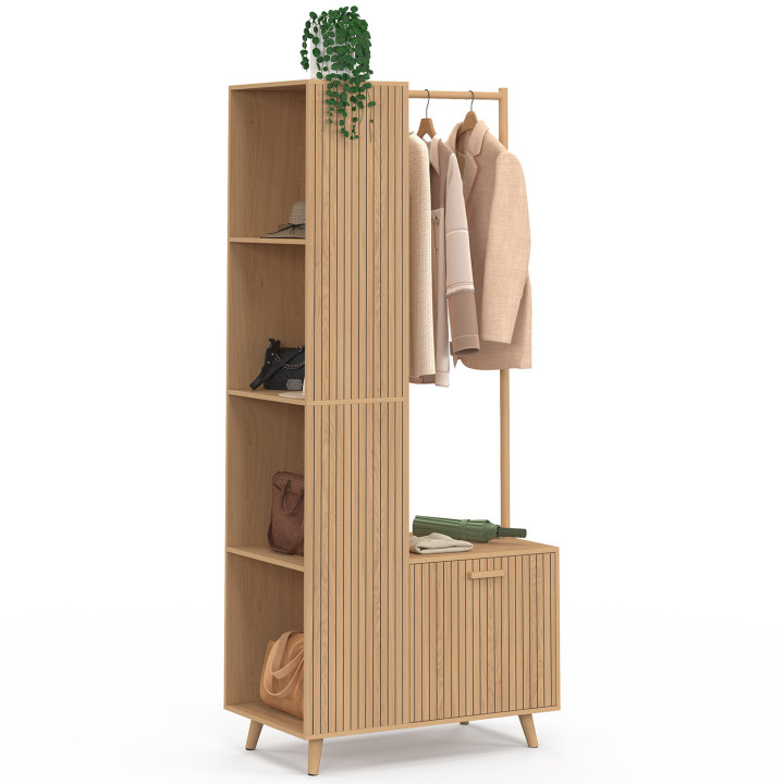 Vestiaire d'entrée JULIETTE avec penderie, étagères et porte effet lattes tasseau bois coloris chêne