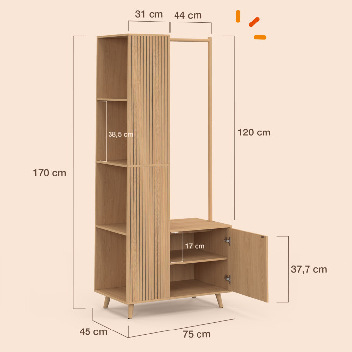 Guardaroba da ingresso JULIETTE con appendiabiti, 1 anta e 4 ripiani laterali con effetto doghe in legno color rovere