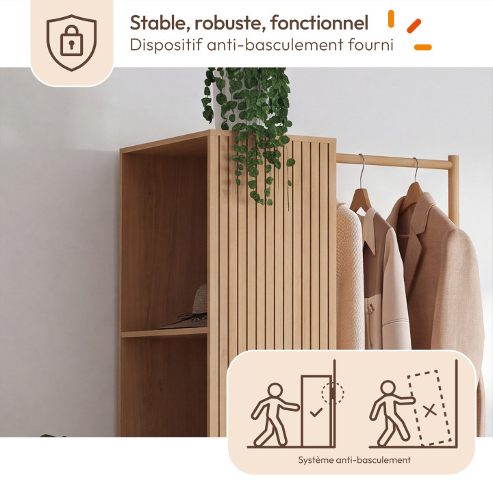 JULIETTE-halgarderobe met kledingkast, 1 deur en 4 zijplanken met houten lattenmotief in eikenkleur