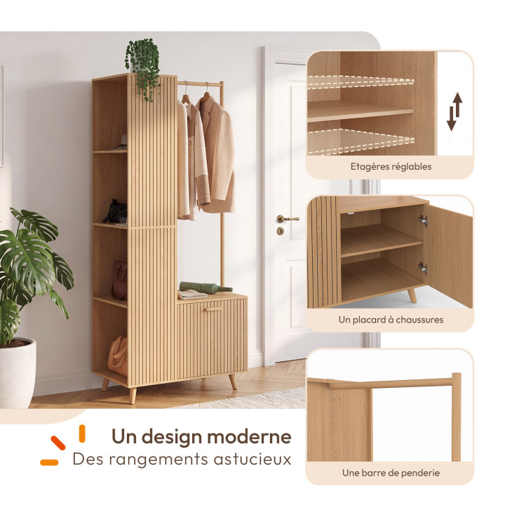 Eingangsgarderobe „JULIETTE“ mit Kleiderstange, 1 Tür und 4 seitlichen Ablagen in Holzlattenoptik in Eiche