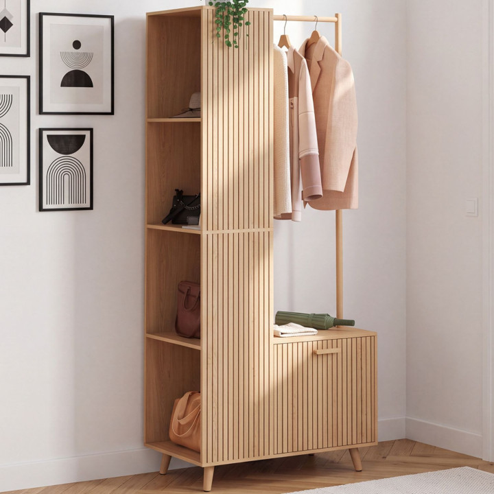 JULIETTE-halgarderobe met kledingkast, 1 deur en 4 zijplanken met houten lattenmotief in eikenkleur