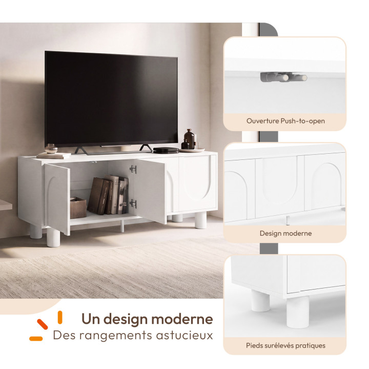 Mueble para la tele de 140 cm ARCHIE, de 4 puertas, diseño en forma de arco, color blanco