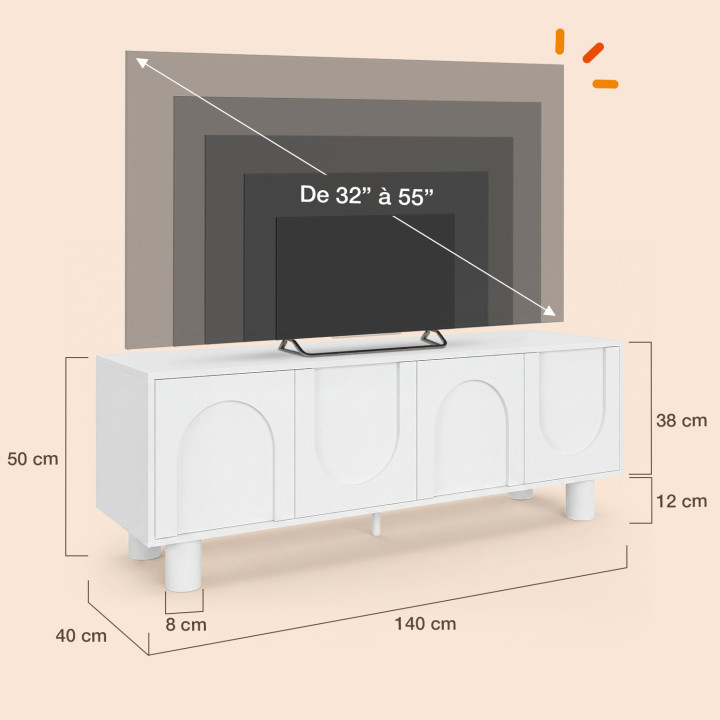 Mobile TV da 140 cm ARCHIE a 4 ante, design ad arco, bianco
