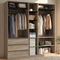Dressing modulable TAYLOR 200 x 55 x 200 cm 3 modules avec penderies + étagères + tiroirs hêtre et noir