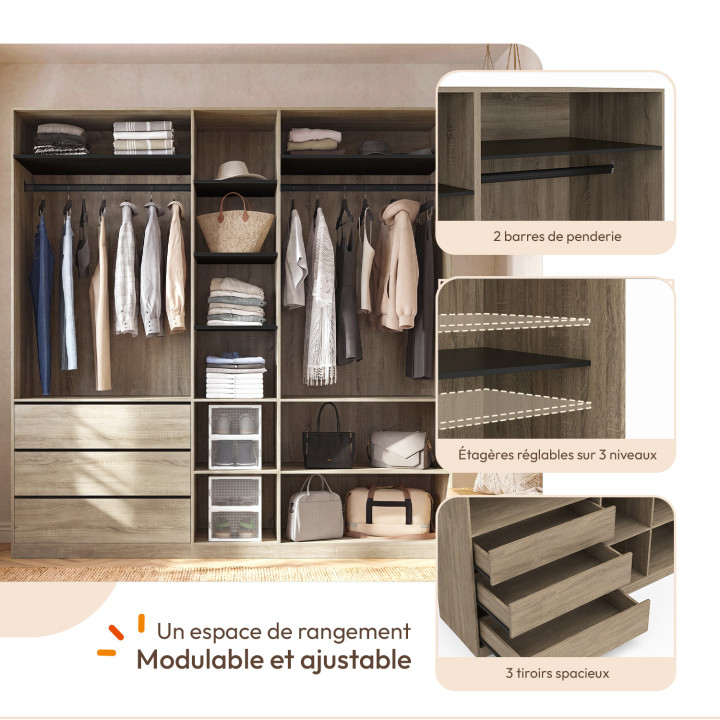 200 cm breiter Kleiderschrank mit Kleiderstangen, Regalen und Schubladen aus Buche und in Schwarz – TAYLOR