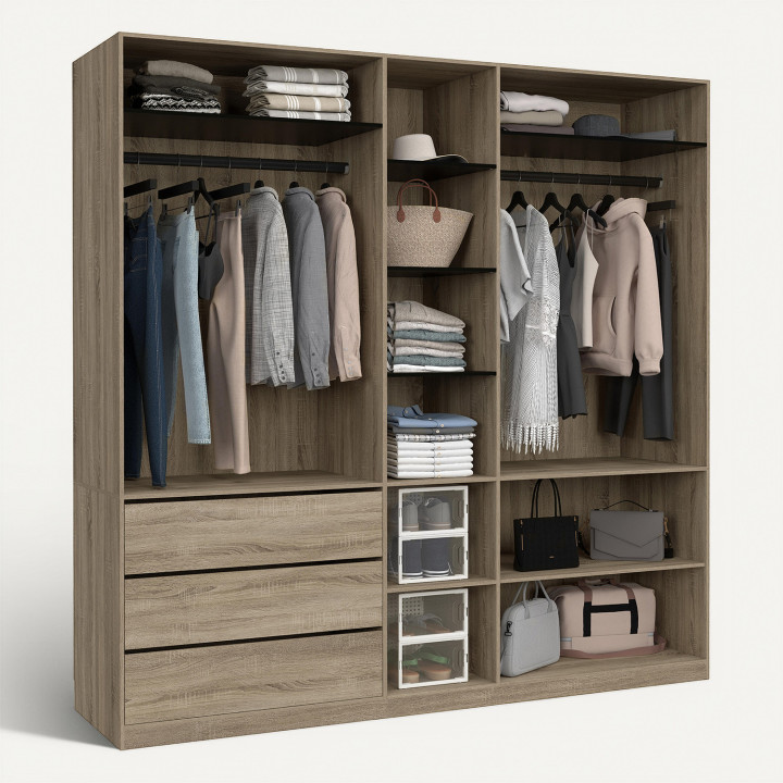 Dressing TAYLOR 200 x 55 x 200 cm avec penderies + étagères + tiroirs hêtre et noir