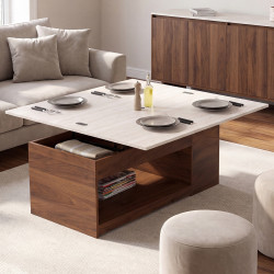 Table basse plateau relevable rectangulaire convertible en table à manger ELEA 100 cm bois noyer et plateau effet travertin