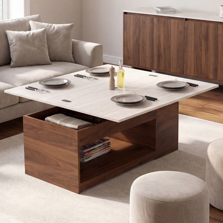 Rechteckiger Couchtisch mit hochklappbarer Platte, umwandelbar in einen Esstisch, Modell ELEA, 100 cm, in Nussbaum-Optik und mit