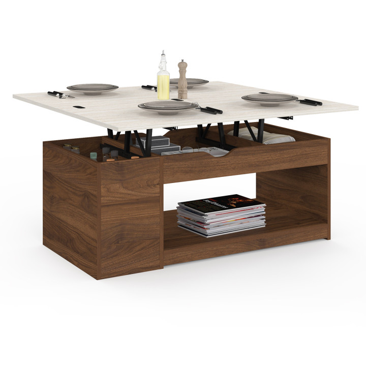 Rechteckiger Couchtisch mit hochklappbarer Platte, umwandelbar in einen Esstisch, Modell ELEA, 100 cm, in Nussbaum-Optik und mit