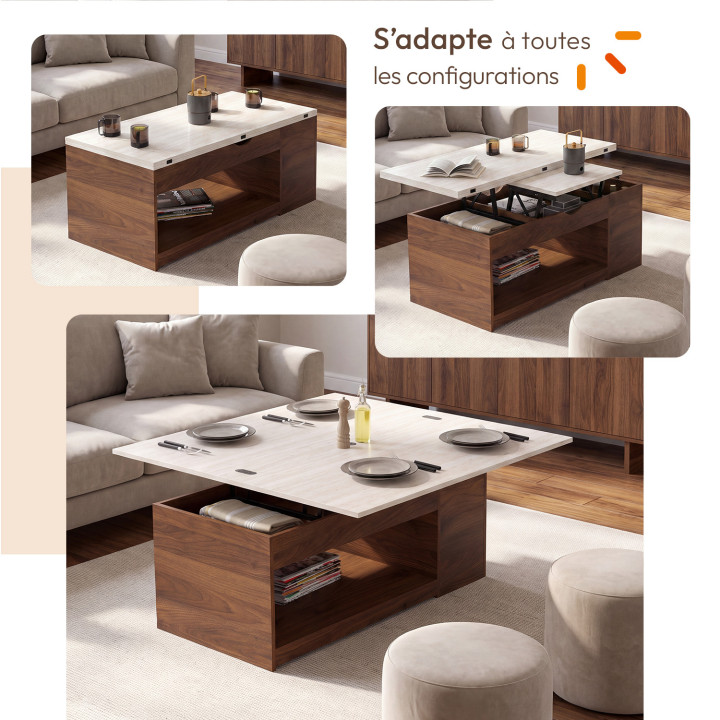 Rechteckiger Couchtisch mit hochklappbarer Platte, umwandelbar in einen Esstisch, Modell ELEA, 100 cm, in Nussbaum-Optik und mit
