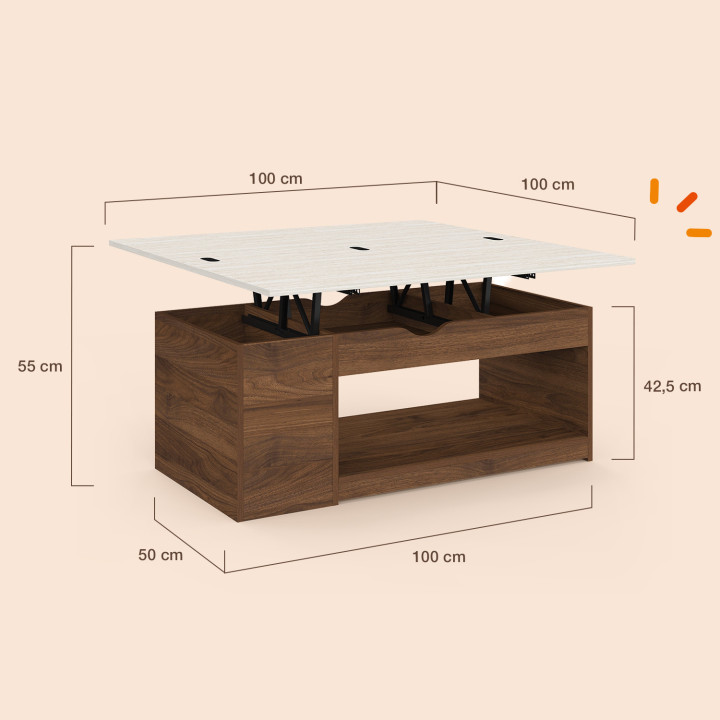 Mesa de centro rectangular con tablero elevable, convertible en mesa de comedor ELEA de 100 cm, con acabado en nogal y tablero c