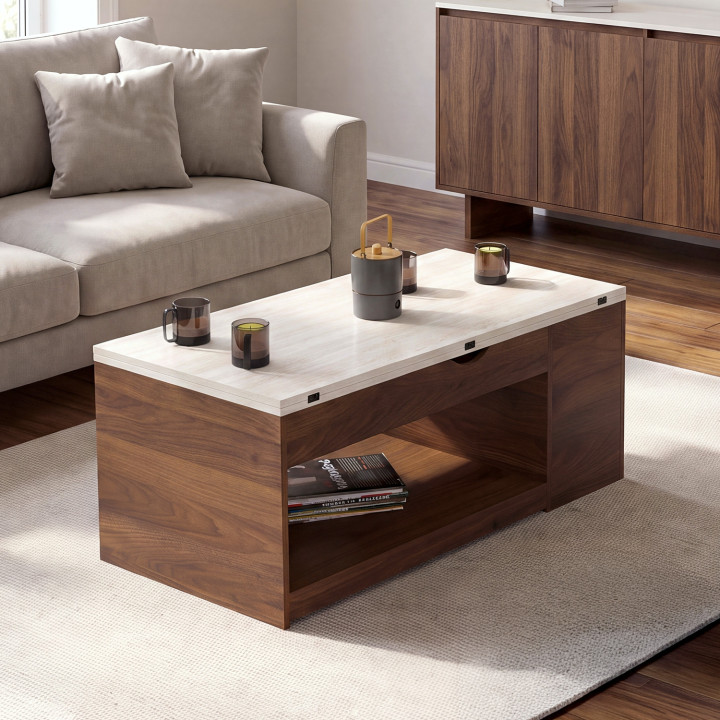 Rechteckiger Couchtisch mit hochklappbarer Platte, umwandelbar in einen Esstisch, Modell ELEA, 100 cm, in Nussbaum-Optik und mit