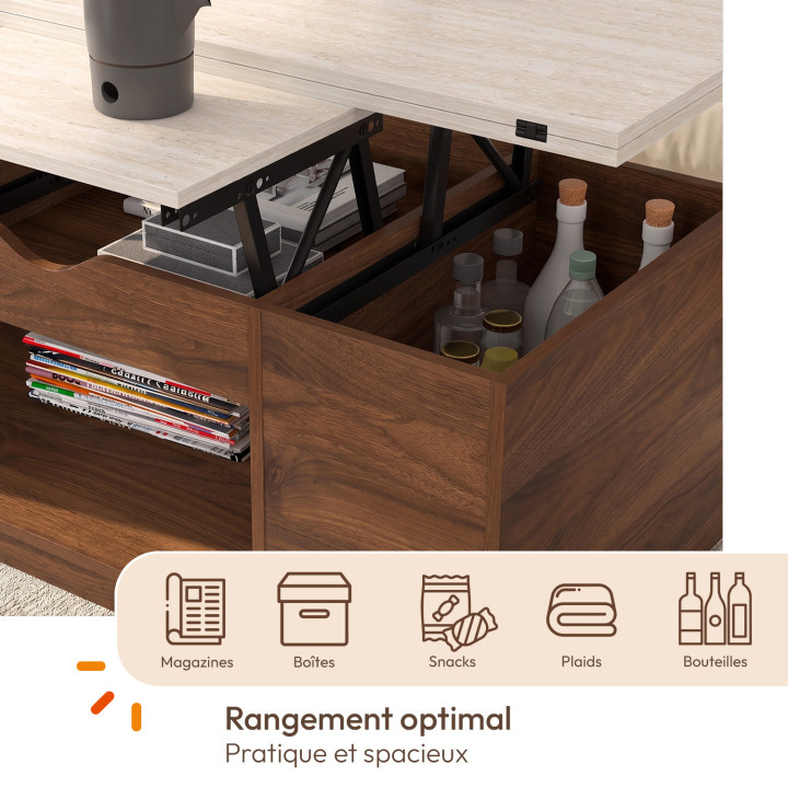 Rechteckiger Couchtisch mit hochklappbarer Platte, umwandelbar in einen Esstisch, Modell ELEA, 100 cm, in Nussbaum-Optik und mit
