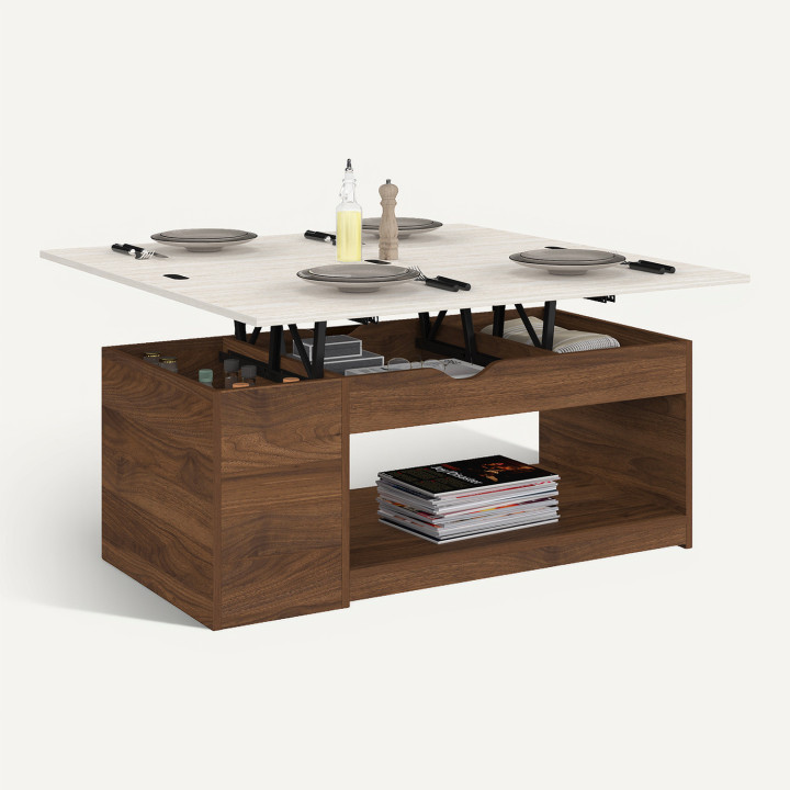 Rechteckiger Couchtisch mit hochklappbarer Platte, umwandelbar in einen Esstisch, Modell ELEA, 100 cm, in Nussbaum-Optik und mit