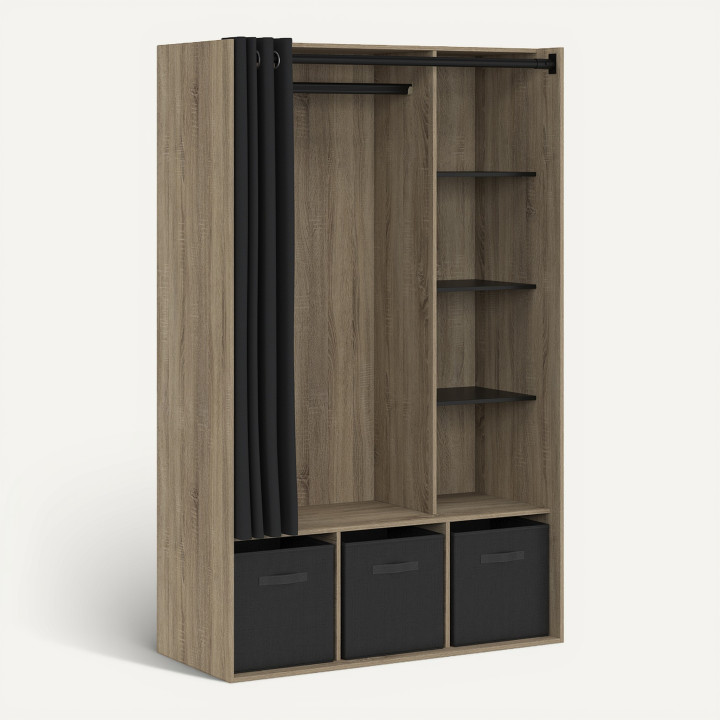 Houten en zwarte kledingkast met planken en gordijn - DIANE