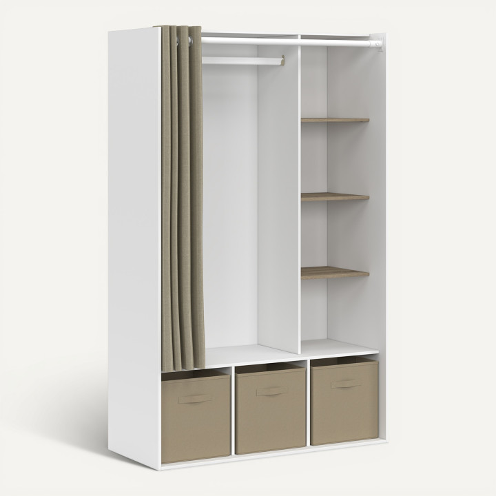 Dressing penderie DIANE 105 x 45 x 167 cm blanc avec étagères + boites de rangement + rideau taupe