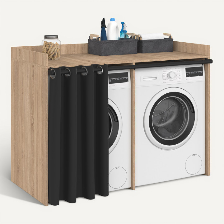 Dubbele wasmachinekast met schuifgordijn WALLIS in beuken en black look hout