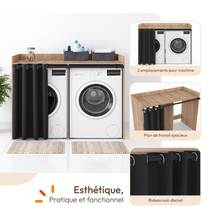 Dubbele wasmachinekast met schuifgordijn WALLIS in beuken en black look hout
